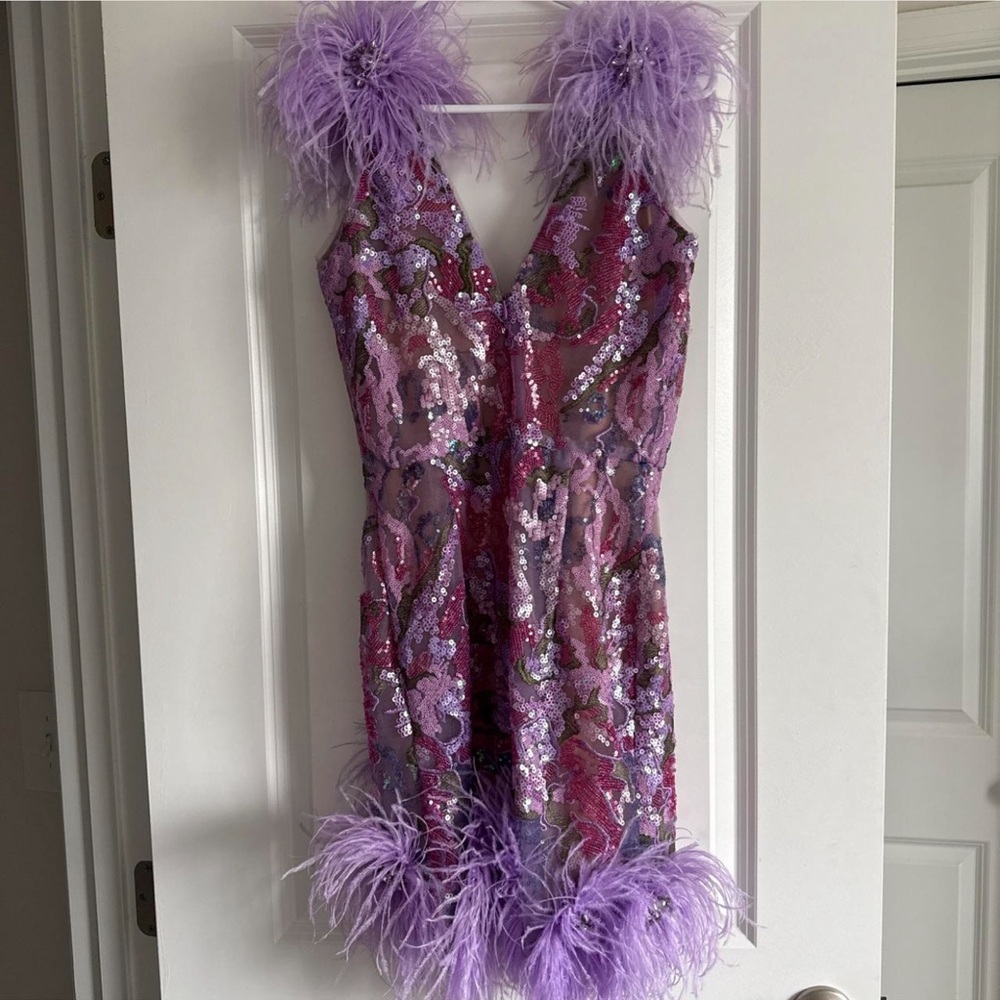 Nadine merabi Purple sequin dress with feather trim and beading - Picture 4 of 7